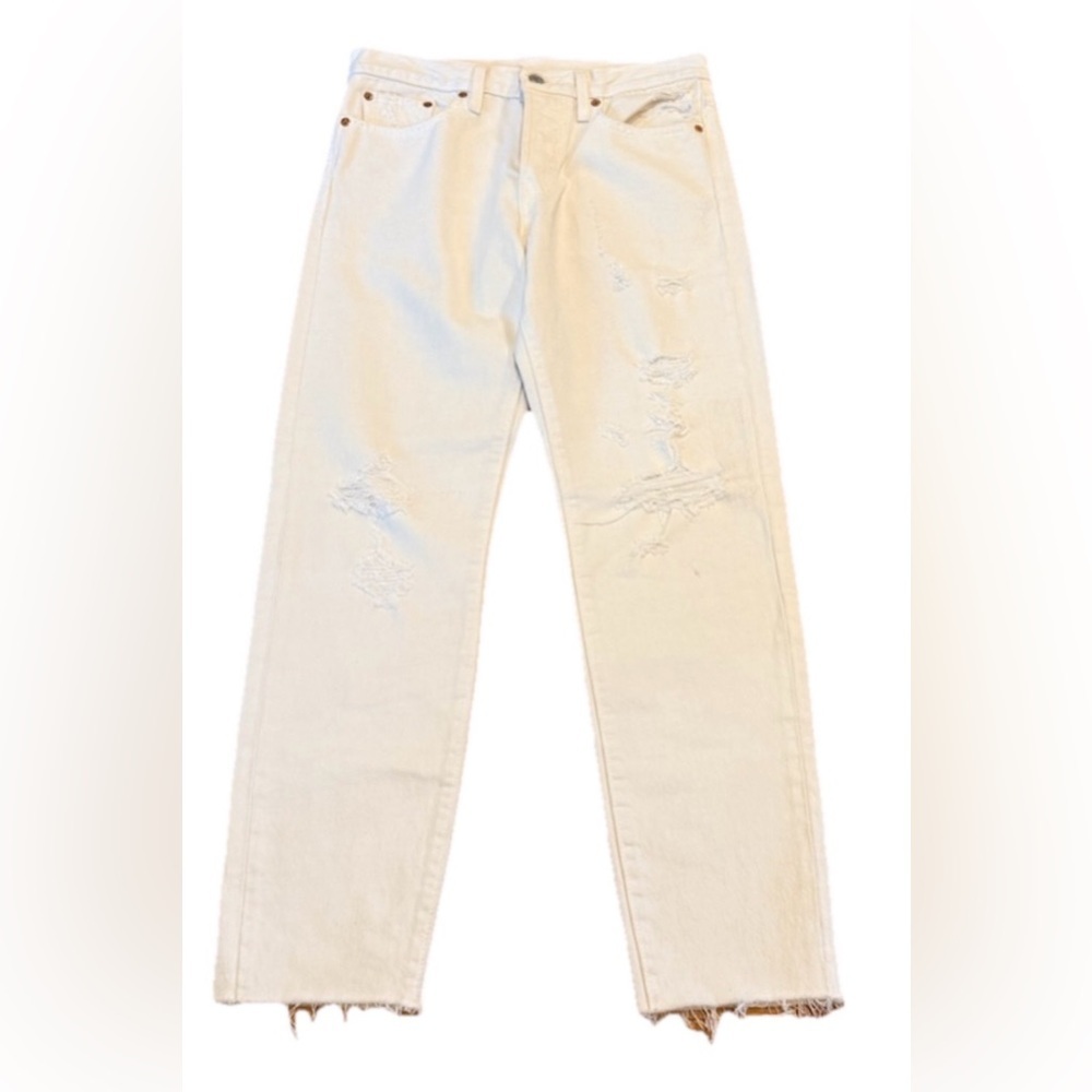 Levi's 501 White Distressed Straight Leg Jeans Button Fly High Rise Size 27